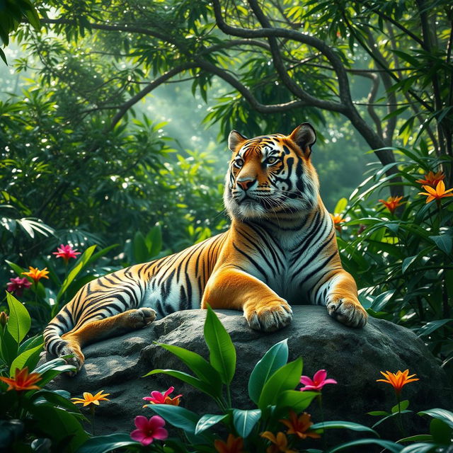 A majestic tiger in a dense jungle, resting on a large rock surrounded by lush green foliage and tropical flowers