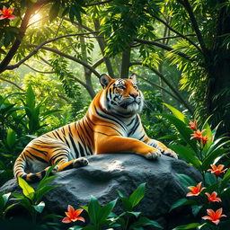 A majestic tiger in a dense jungle, resting on a large rock surrounded by lush green foliage and tropical flowers