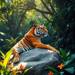 A majestic tiger in a dense jungle, resting on a large rock surrounded by lush green foliage and tropical flowers