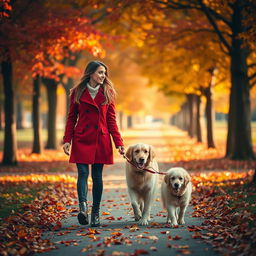 An enchanting autumn park scene where a young woman in a stylish red coat walks her golden retriever