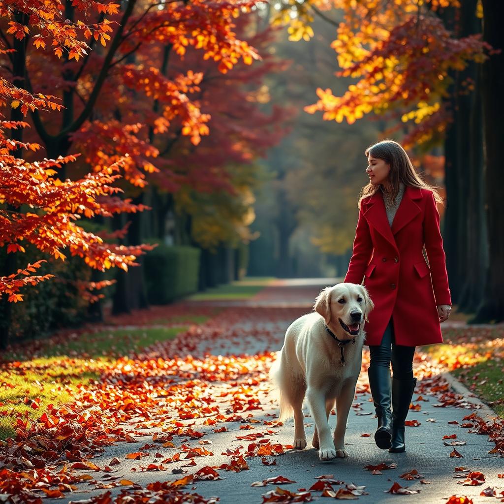 An enchanting autumn park scene where a young woman in a stylish red coat walks her golden retriever