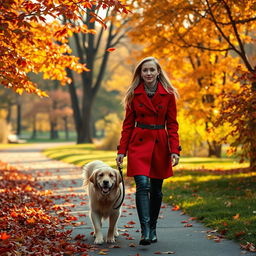 An enchanting autumn park scene where a young woman in a stylish red coat walks her golden retriever