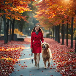 An enchanting autumn park scene where a young woman in a stylish red coat walks her golden retriever