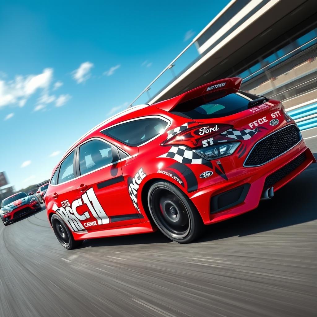 A high-energy image showcasing a red Ford Focus ST wagon with racing decorations