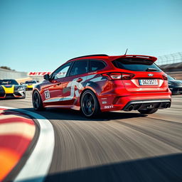 A high-energy image showcasing a red Ford Focus ST wagon with racing decorations