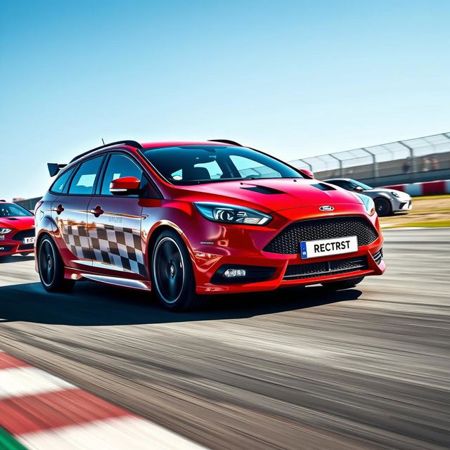 A high-energy image showcasing a red Ford Focus ST wagon with racing decorations