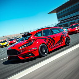 A high-energy image showcasing a red Ford Focus ST wagon with racing decorations