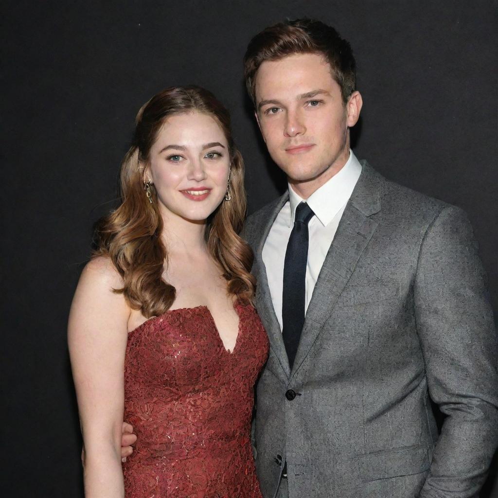 A digital artwork featuring Danielle Rose Russell and Nick Fink, both actors from the TV show, Legacies, posing together at an event.