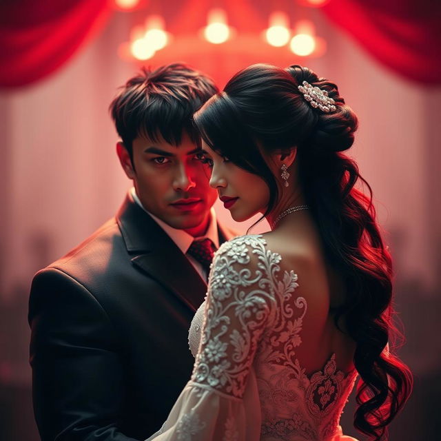 A wedding scene with a muscular man with short black hair, styled messily or with bangs over the forehead, and sharp dark green eyes