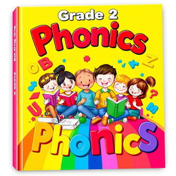 A vibrant and colorful book cover titled "Grade 2 Phonics"