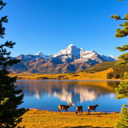 A serene, picturesque mountain landscape at sunrise featuring a clear blue sky, the first light of dawn gently illuminating snow-capped peaks