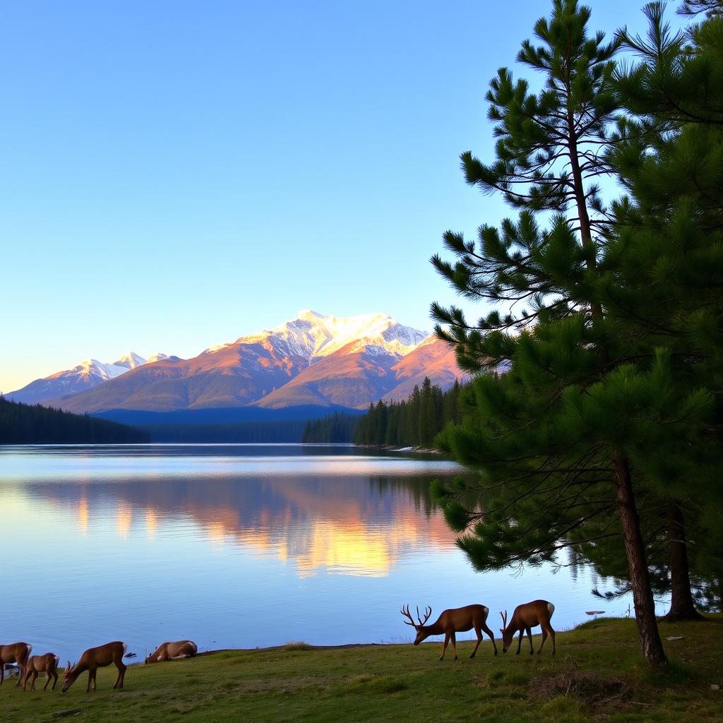 A serene, picturesque mountain landscape at sunrise featuring a clear blue sky, the first light of dawn gently illuminating snow-capped peaks