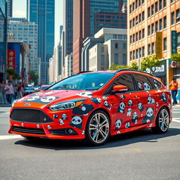 An imaginative and colorful image featuring a red Ford Focus ST wagon adorned with a playful and intricate panda-themed design