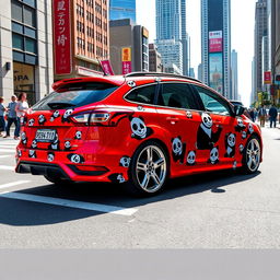 An imaginative and colorful image featuring a red Ford Focus ST wagon adorned with a playful and intricate panda-themed design