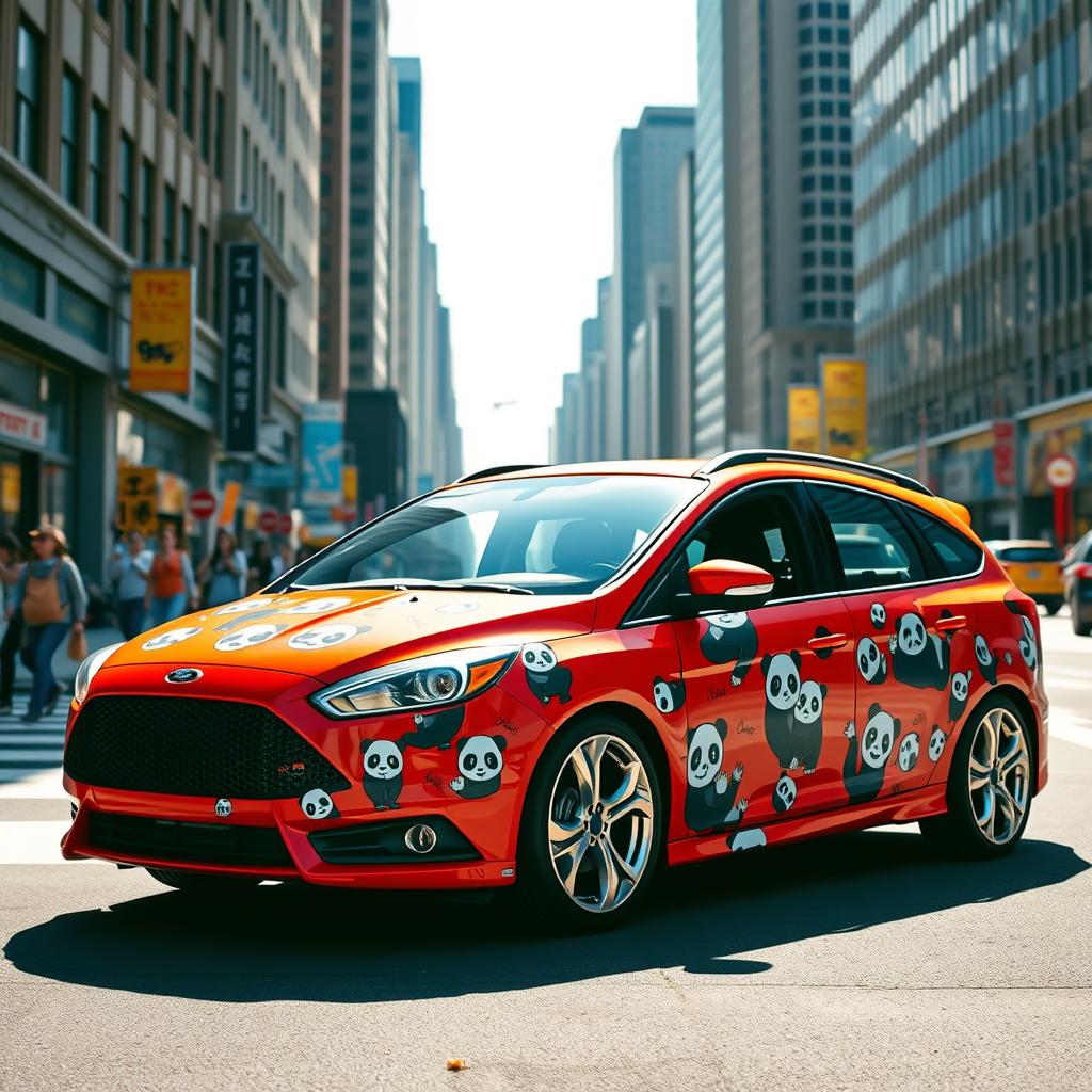 An imaginative and colorful image featuring a red Ford Focus ST wagon adorned with a playful and intricate panda-themed design