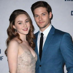 A digital artwork featuring Danielle Rose Russell and Nick Fink, both actors from the TV show, Legacies, posing together at an event.