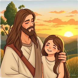 An illustrated scene of Jesus Christ with long hair and a serene expression, standing beside a child who is depicted as his daughter