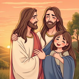 An illustrated scene of Jesus Christ with long hair and a serene expression, standing beside a child who is depicted as his daughter