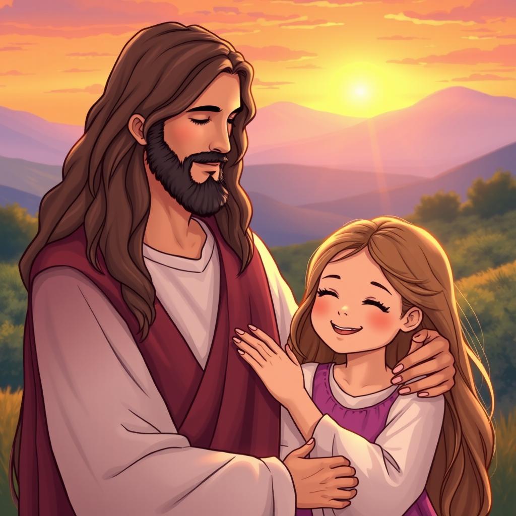 An illustrated scene of Jesus Christ with long hair and a serene expression, standing beside a child who is depicted as his daughter