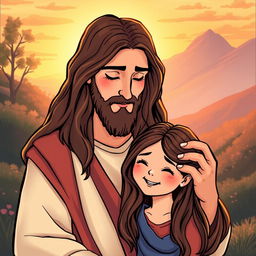 An illustrated scene of Jesus Christ with long hair and a serene expression, standing beside a child who is depicted as his daughter