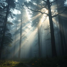 A mysterious and enchanting foggy forest with tall, dense trees shrouded in mist