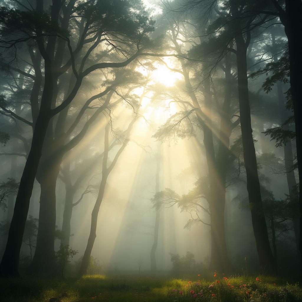 A mysterious and enchanting foggy forest with tall, dense trees shrouded in mist