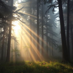 A mysterious and enchanting foggy forest with tall, dense trees shrouded in mist