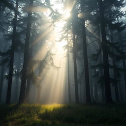 A mysterious and enchanting foggy forest with tall, dense trees shrouded in mist