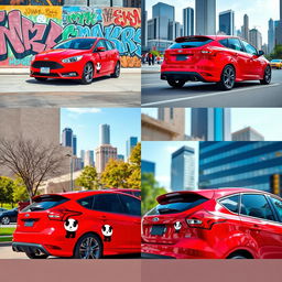 An interactive collage of four images featuring a red Ford Focus ST with playful panda decorations