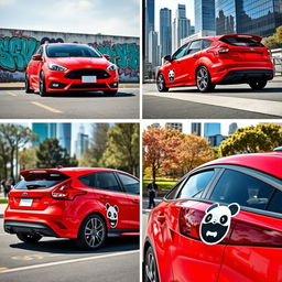 An interactive collage of four images featuring a red Ford Focus ST with playful panda decorations