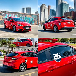 An interactive collage of four images featuring a red Ford Focus ST with playful panda decorations