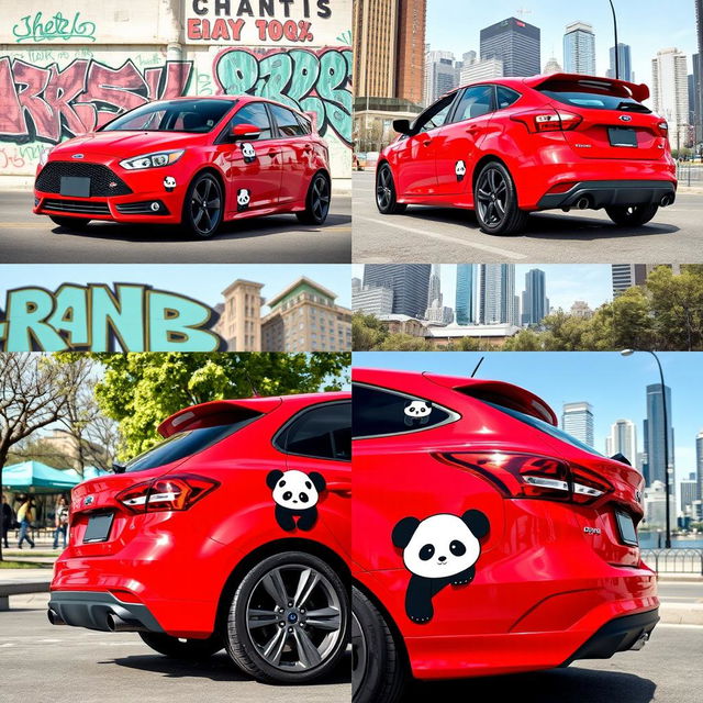 An interactive collage of four images featuring a red Ford Focus ST with playful panda decorations