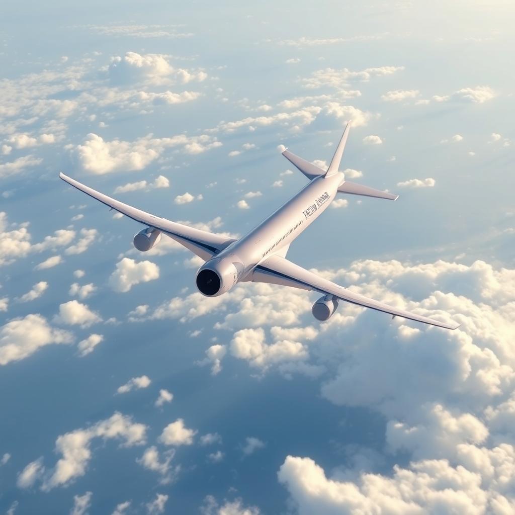 A modern commercial airplane soaring through a clear blue sky with fluffy white clouds