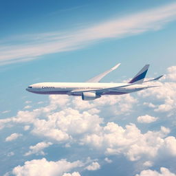 A modern commercial airplane soaring through a clear blue sky with fluffy white clouds