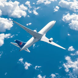 A modern commercial airplane soaring through a clear blue sky with fluffy white clouds