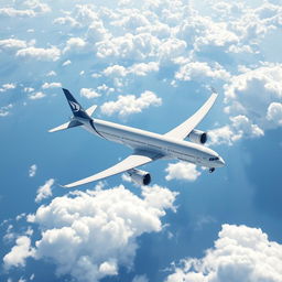 A modern commercial airplane soaring through a clear blue sky with fluffy white clouds