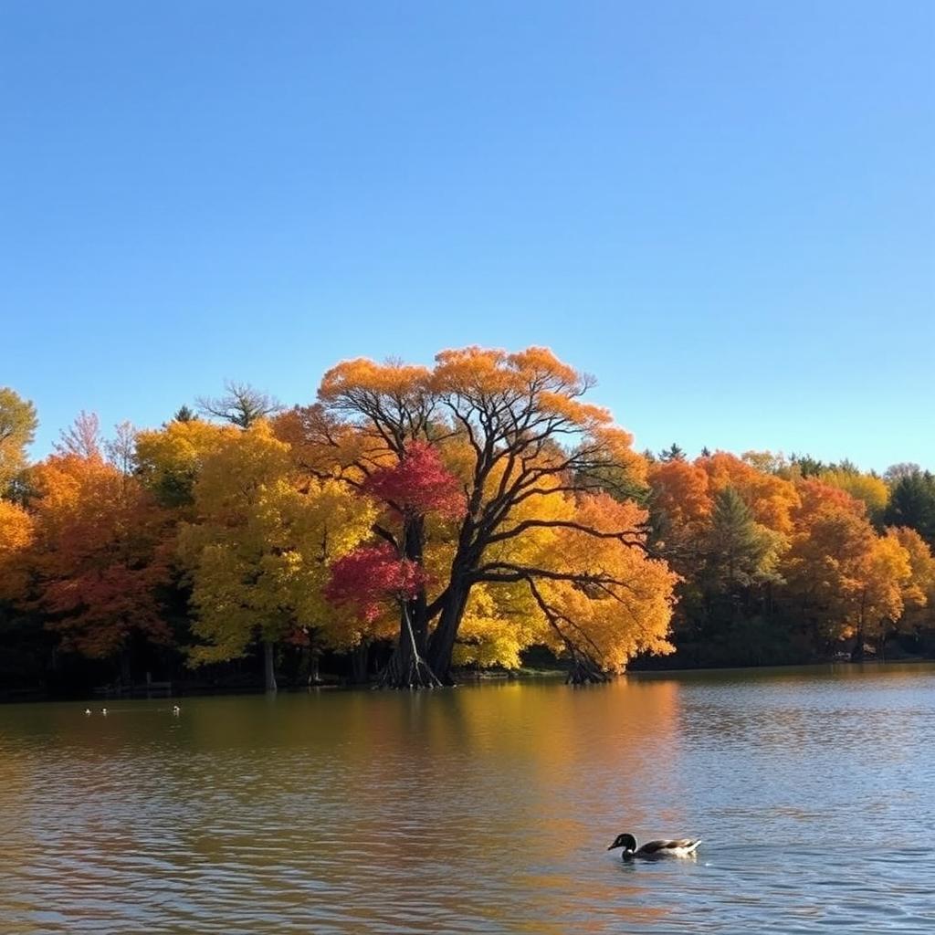 A breathtaking autumn landscape showcasing a tranquil lake surrounded by vibrant fall foliage