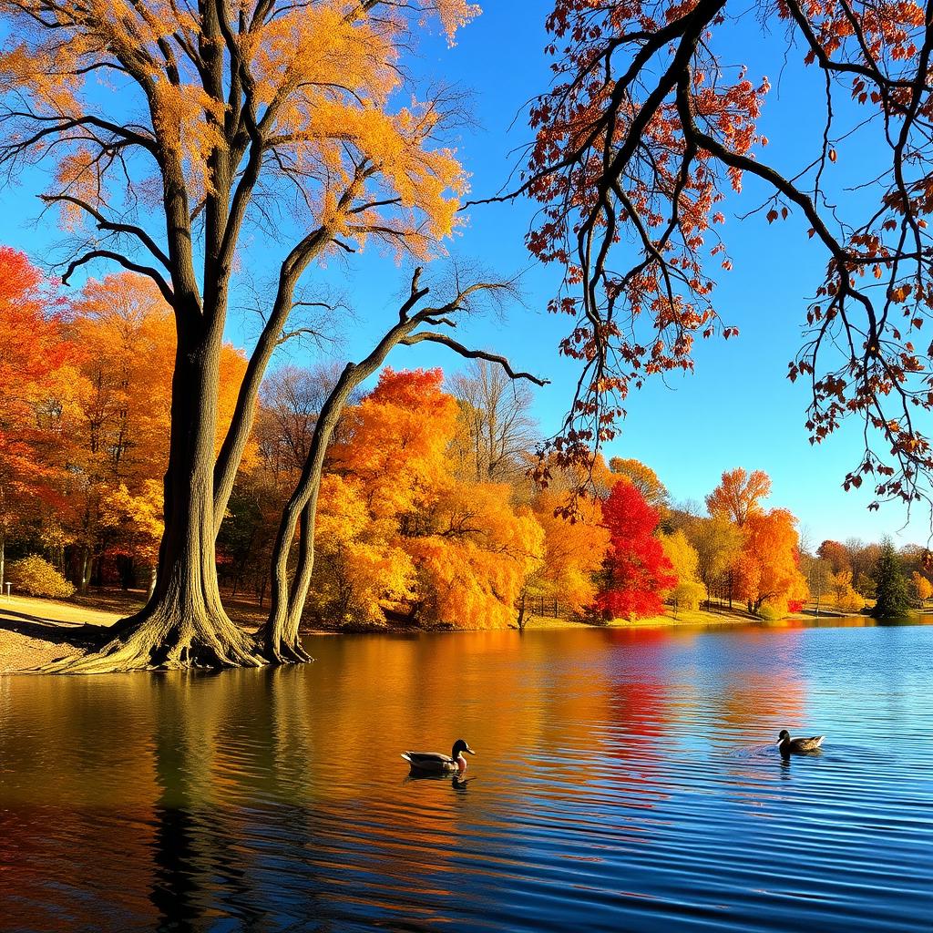 A breathtaking autumn landscape showcasing a tranquil lake surrounded by vibrant fall foliage