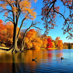 A breathtaking autumn landscape showcasing a tranquil lake surrounded by vibrant fall foliage