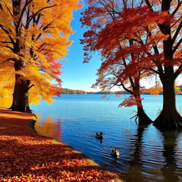 A breathtaking autumn landscape showcasing a tranquil lake surrounded by vibrant fall foliage