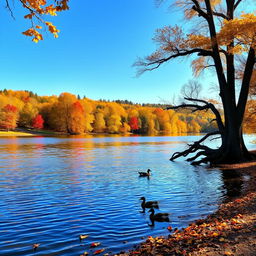 A breathtaking autumn landscape showcasing a tranquil lake surrounded by vibrant fall foliage