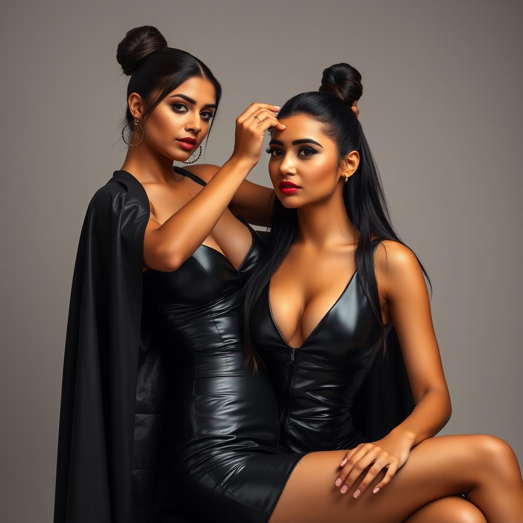 An Indian woman in a sexy leather outfit, her figure accentuated by the glossy material, sits confidently while an equally sexy woman gives her a haircut without a cape