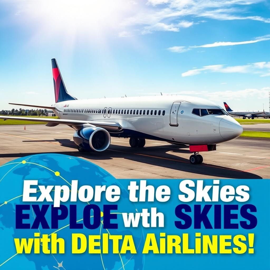Create a YouTube thumbnail featuring a Delta Airlines B737-800 airplane prominently in the background