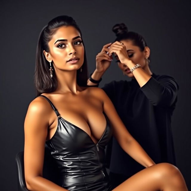 An Indian woman in a sexy leather outfit, her figure accentuated by the glossy material, sits confidently while an equally sexy woman gives her a haircut without a cape