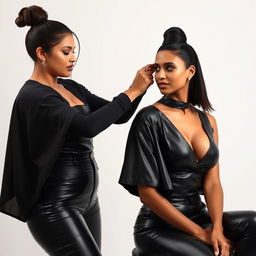 An Indian woman in a sexy leather outfit, her figure accentuated by the glossy material, sits confidently while an equally sexy woman gives her a haircut without a cape