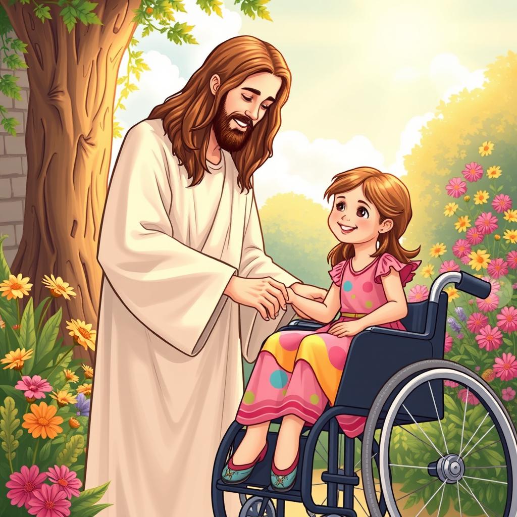 An illustration of Jesus Christ with his long hair and compassionate expression, standing beside a young girl using a wheelchair, who is depicted as his daughter