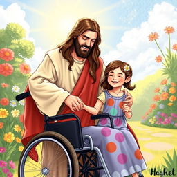 An illustration of Jesus Christ with his long hair and compassionate expression, standing beside a young girl using a wheelchair, who is depicted as his daughter