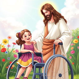 An illustration of Jesus Christ with his long hair and compassionate expression, standing beside a young girl using a wheelchair, who is depicted as his daughter