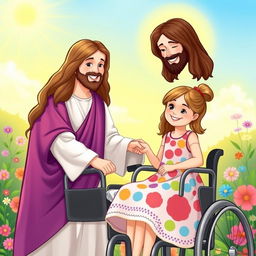 An illustration of Jesus Christ with his long hair and compassionate expression, standing beside a young girl using a wheelchair, who is depicted as his daughter