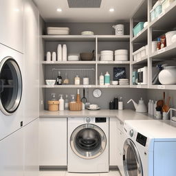 A modern and well-organized laundry room in the "era of washing," featuring innovative systems for organizing and storing cleaning utensils